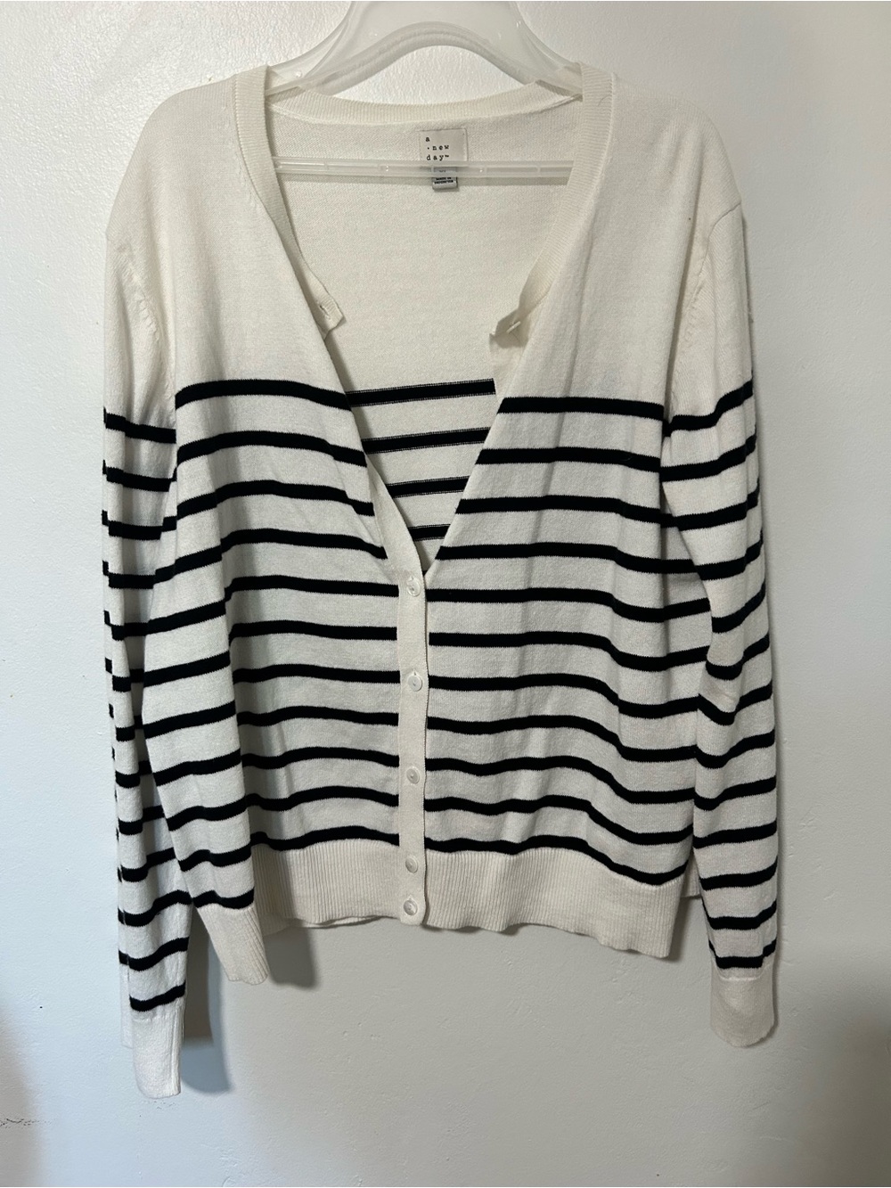 a new day White Cardigan with Black Stripes V-Neck Button Front
